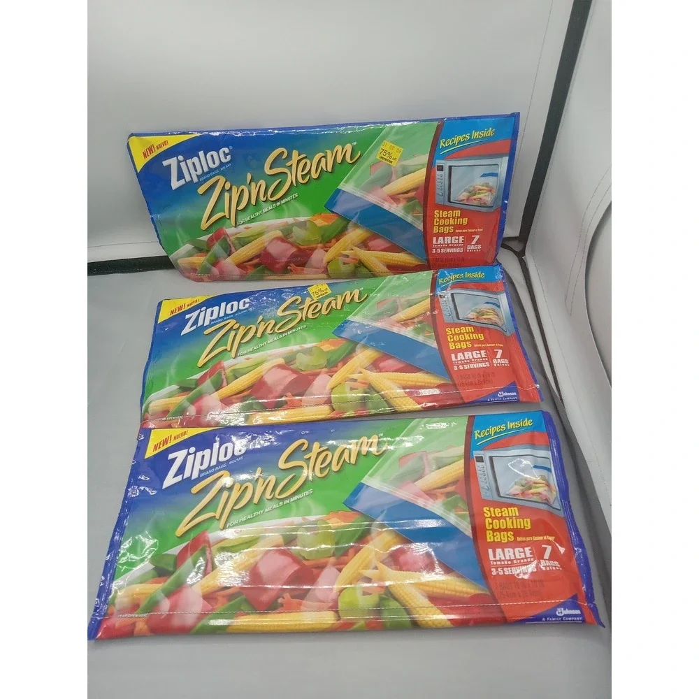 3x New Ziploc Zip N Steam 7 Large Bags Each, Microwave Steam Sealed Discontinued